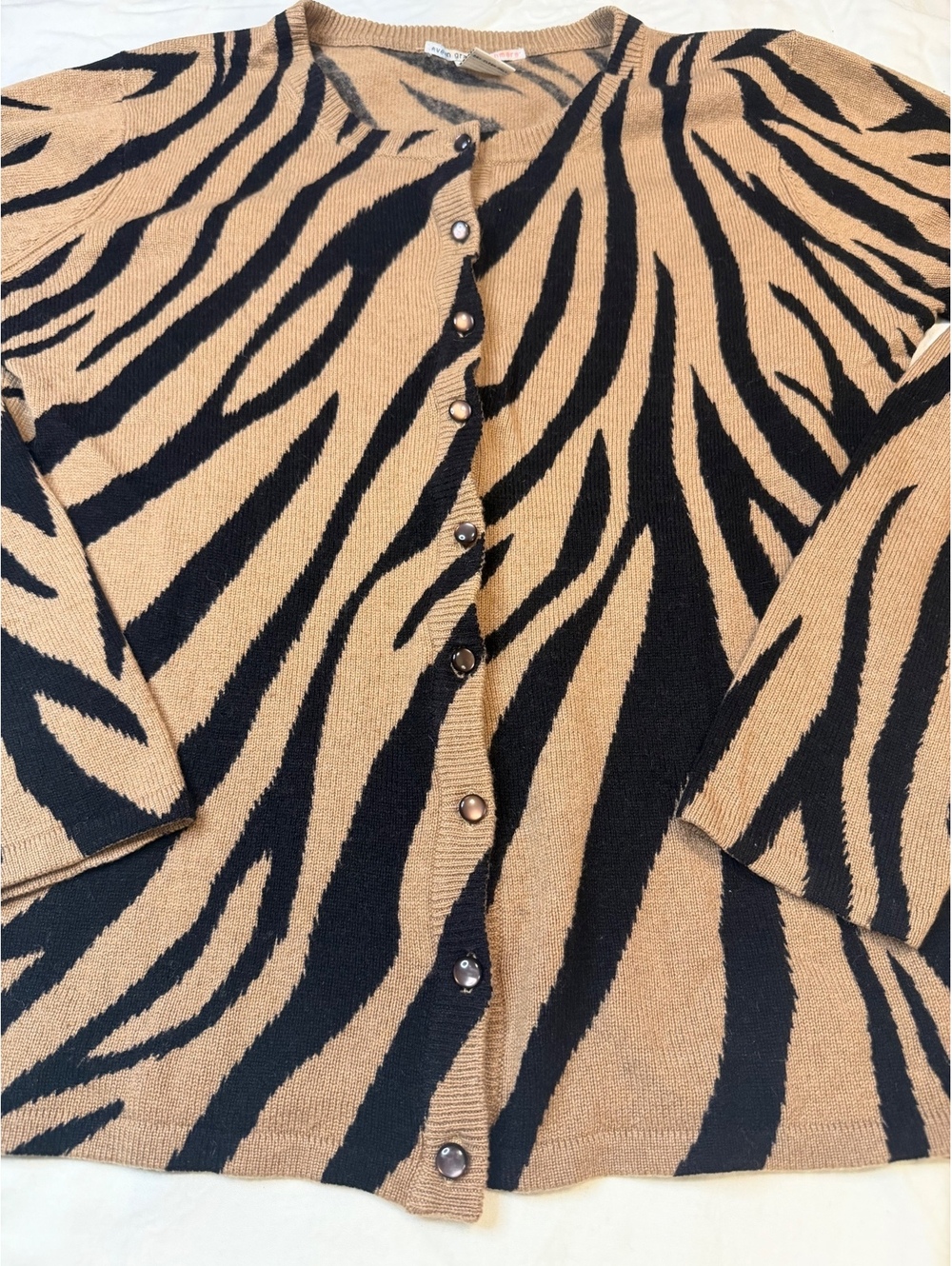 Evelyn Grace Cashmere 100% Cashmere Cardigan Tan and Black Zebra Pattern - Picture 2 of 6